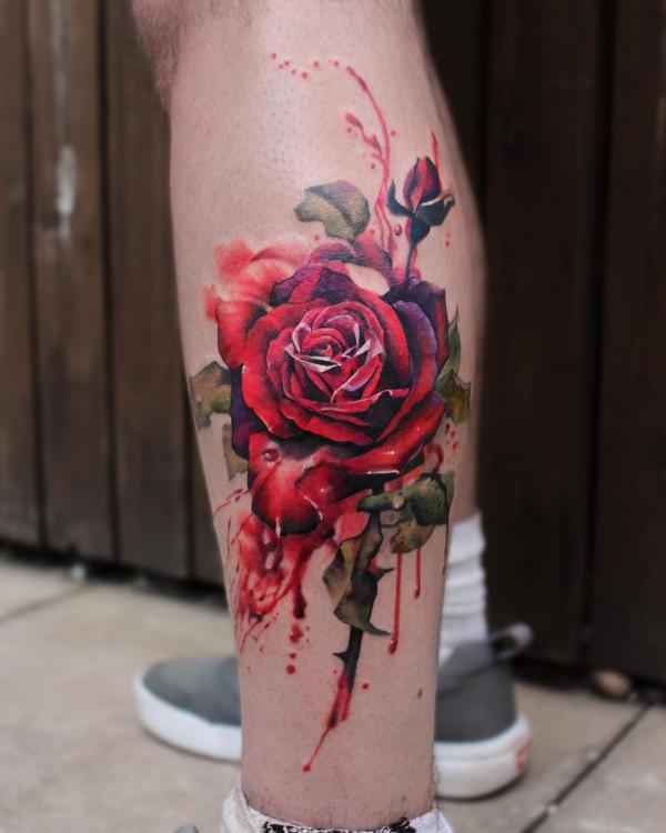 Watercolor rose on calf tatt
