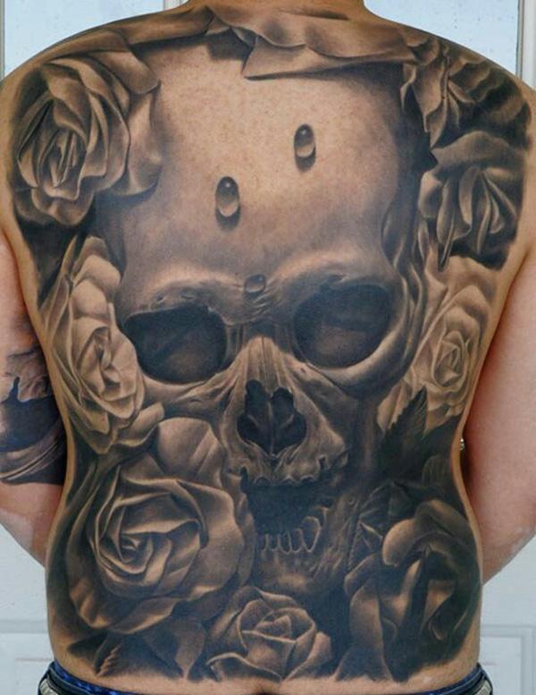 Red roses skull and swirls on back
