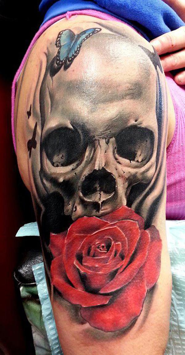Skull Matching Tattoo with butterfly and rose