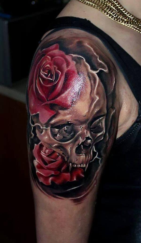 sleeve tattoo with Skull and two red roses for men