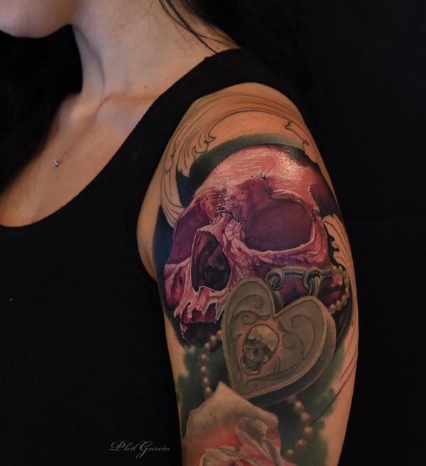 Colorful Skull with rose headpiece tattoo