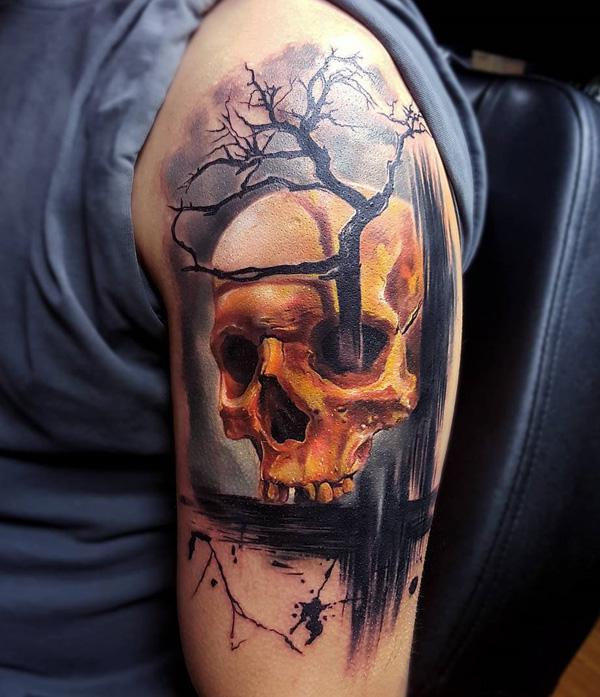 Colorful crowned Skull sleeve tattoo