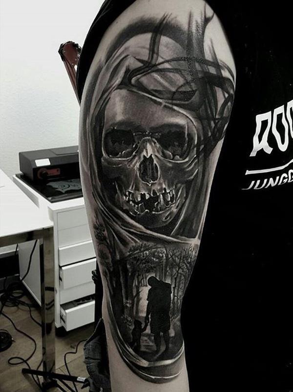 89-Skull and crown sleeve tattoo