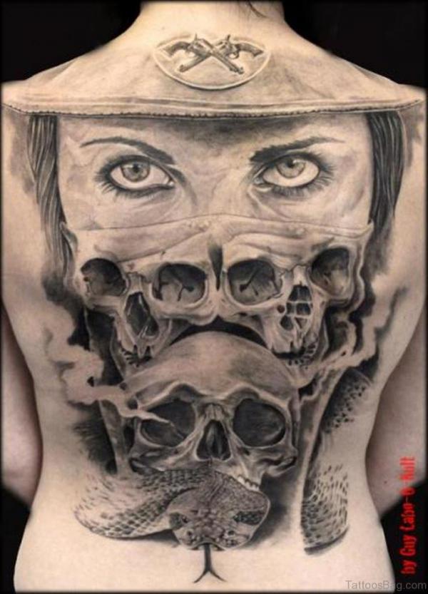 Female face skulls and snake full back tattoo