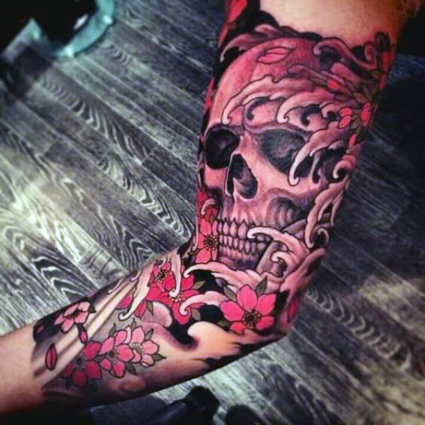 Japanese style skull tattoo with wave and cherry blossom