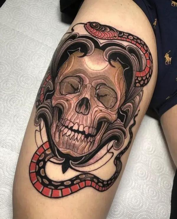 Neo traditional skull and snake ink design
