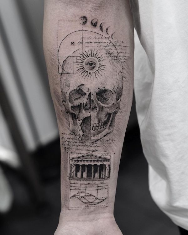 Pencil art style skull tattoo