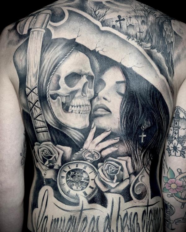 Skull grim reaper love full back tattoo