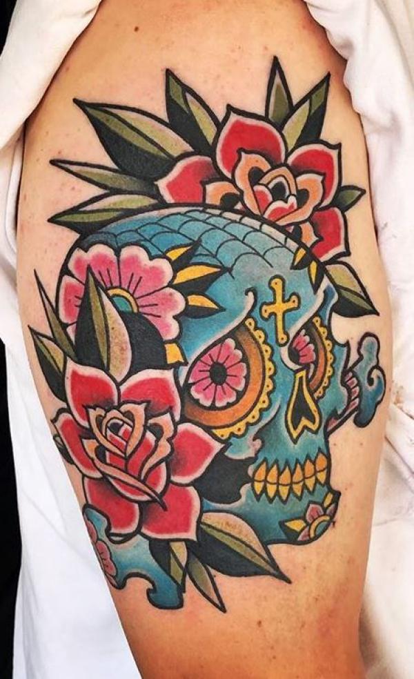 Traditional sugar skull and rose flowers
