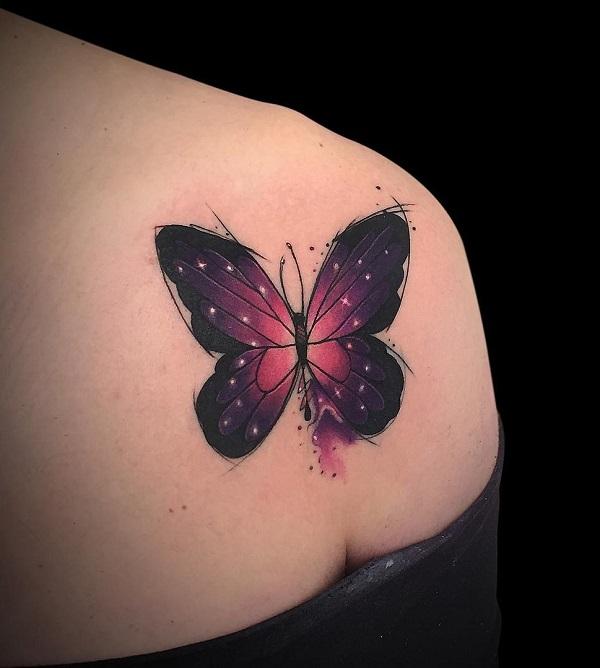 a tattoo of a purple butterfly that inspires imagination. 