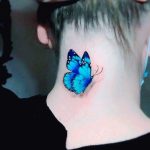 3D blue butterfly tattoo on the neck for female
