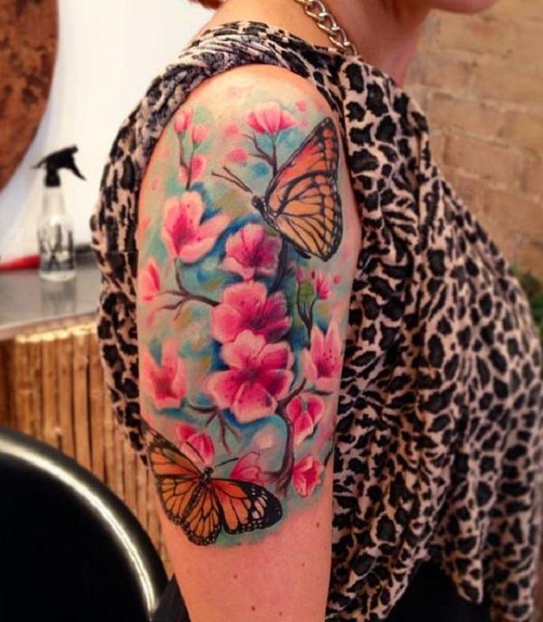  Butterfly and flower sleeve tattoo for women