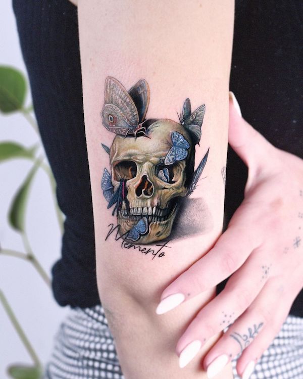 Elegant ink of skull and butterflies