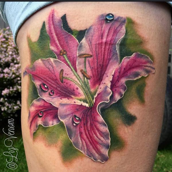 3D water droplets on petals of lily flower