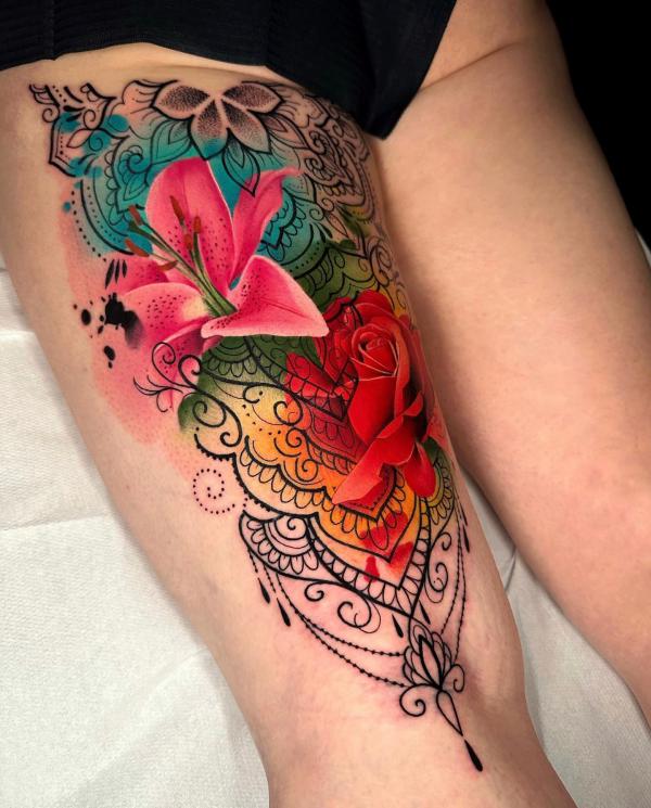 Lily and rose lace tattoo on inner thigh