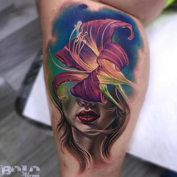 Realistic purple lily with half female face