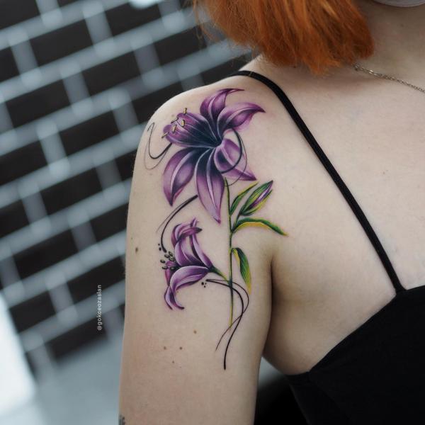 Two purple lily flowers ink design
