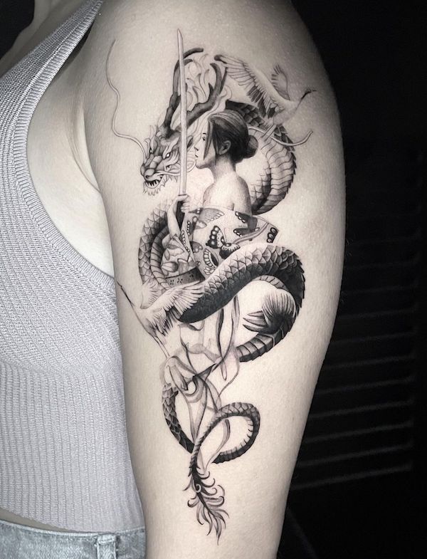 A dragon wrapped around a samurai geisha with a sword in her hand