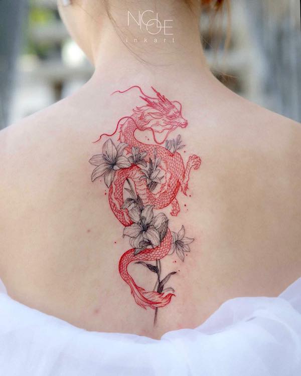 A red dragon entwined with lily flower