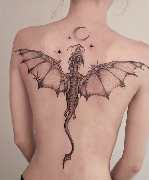 Ascending dragon under moon and stars