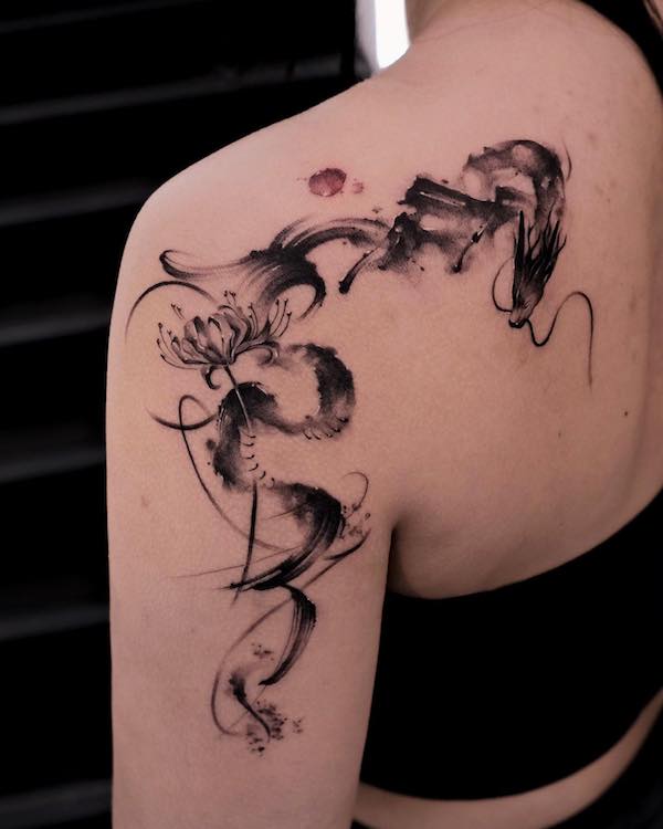 Lycoris and dragon ink painting tattoo