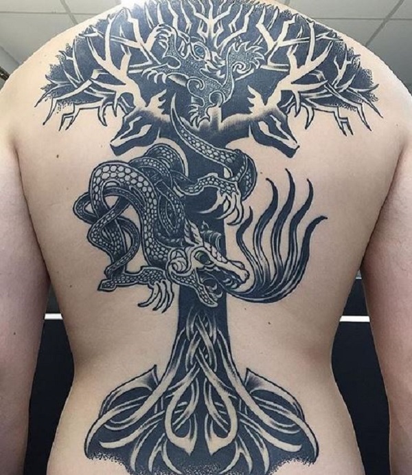 Norse dragon entwined with tree of life