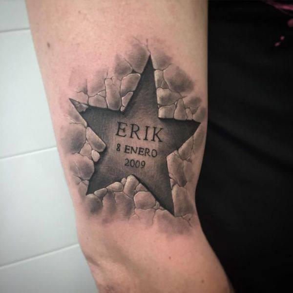 Ripped skin star tattoo with names