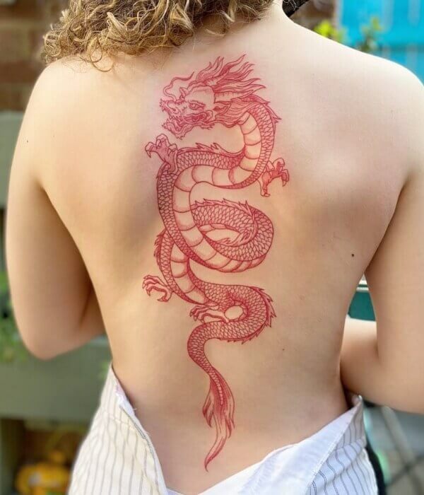 Simple red dragon spine tattoo