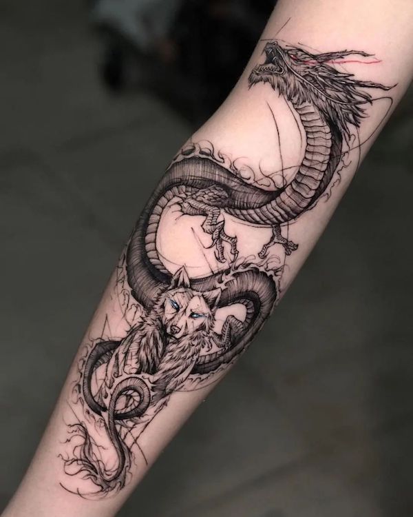 Wolf and dragon tattoo