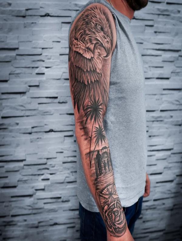 Eagle and family sleeve tattoo