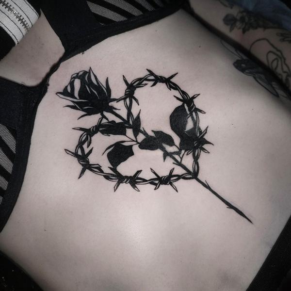 Barbed wire heart and rose belly tattoo