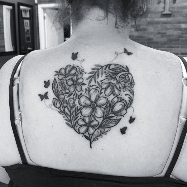 Floral and fern heart with butterfly silhouettes