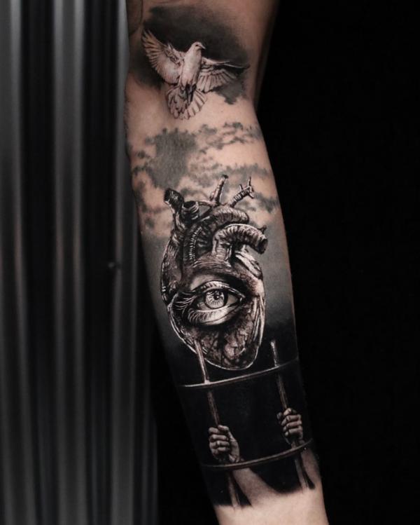 Flying dove and hands up a heart