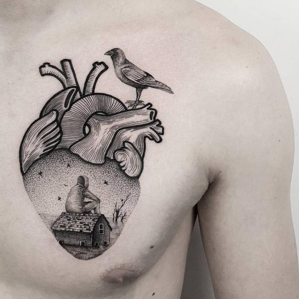 Human heart drawing and dotwork