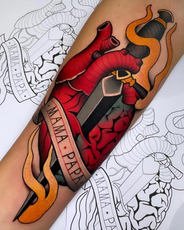 Neo traditional dagger pierced heart for MAMA and PAPA