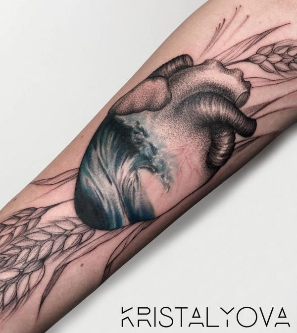 Wheat wave heart forearm tattoo