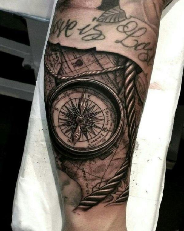 Colorful Ink Coolest 3D Feather Compass Tattoo Design Image