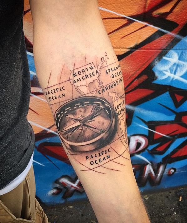 Realistic compass on the map of pacific ocean