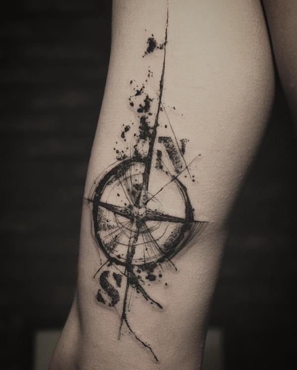 Black and Grey Compass and Roses Tattoo Design