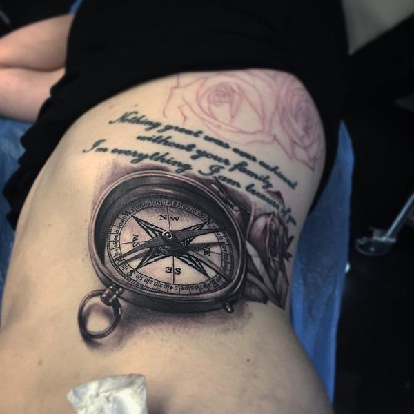 Realistic compass and rose ink on rib 