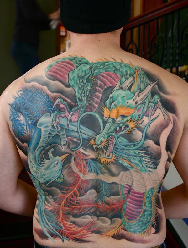 Dragon and phoenix fullback tattoo