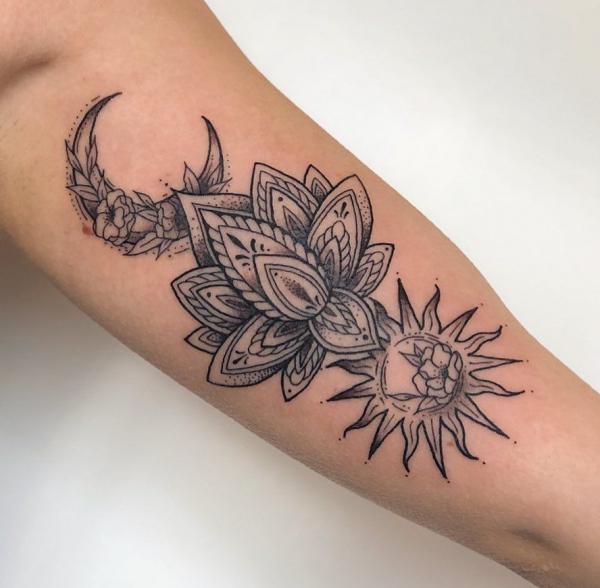 Mandala lotus with moon and sun