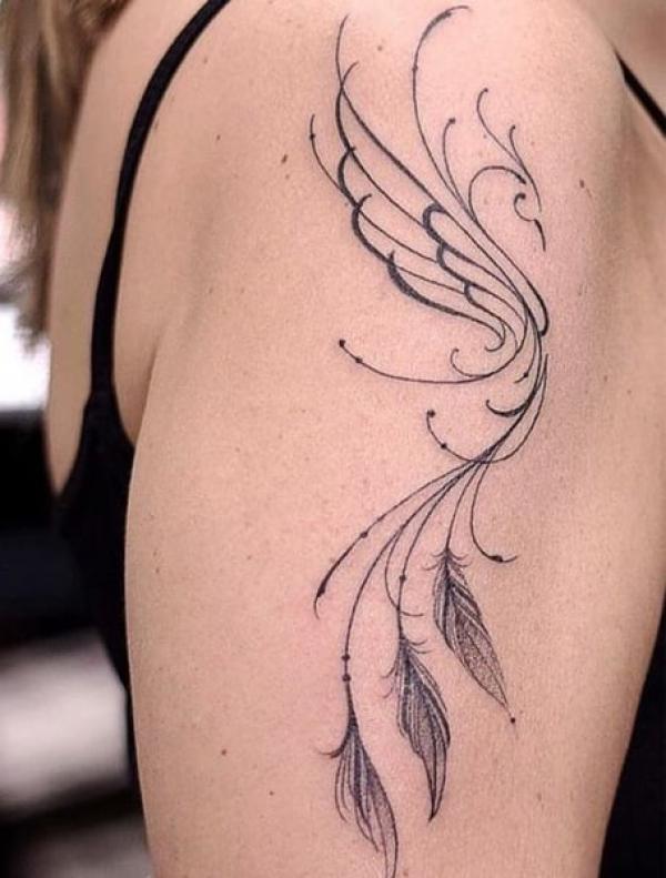 Phoenix line work tattoo with feathers