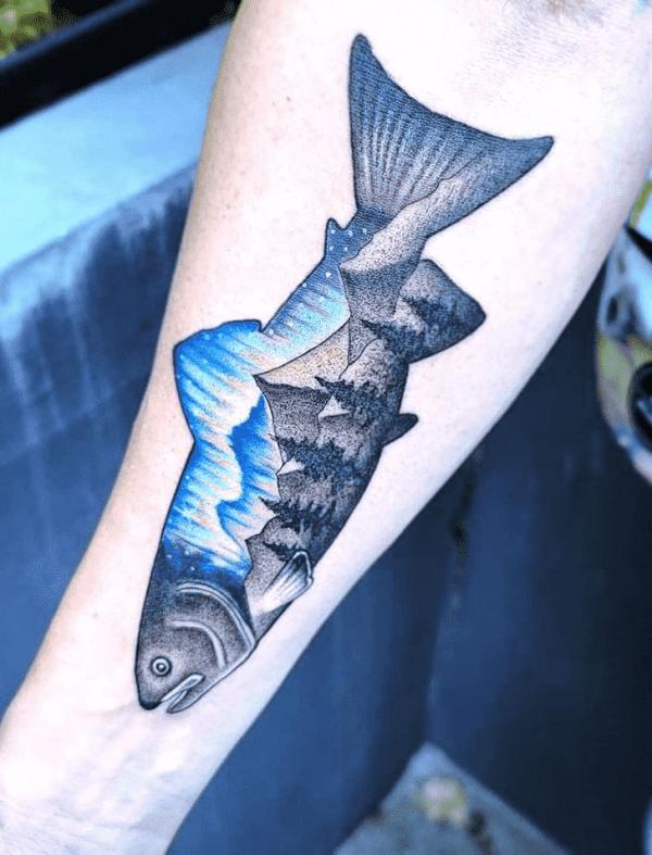 Salmon landscape forearm tattoo