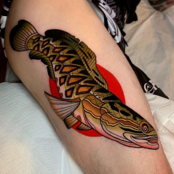 Snakehead and sun thigh tattoo