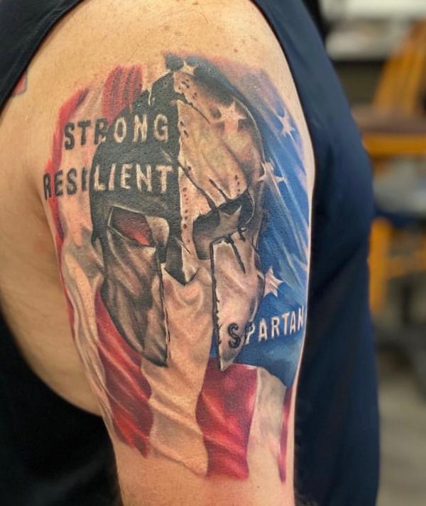 American flag and spartan helmet