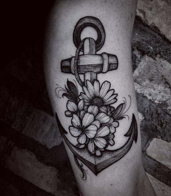 Old School Flower Side Anchor Tattoo by Tantrix Body Art