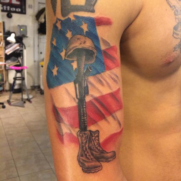 Fallen soldier memorial with colored flag