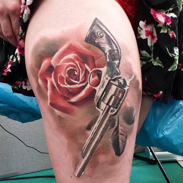 Revolver and flowers  Tattoogridnet