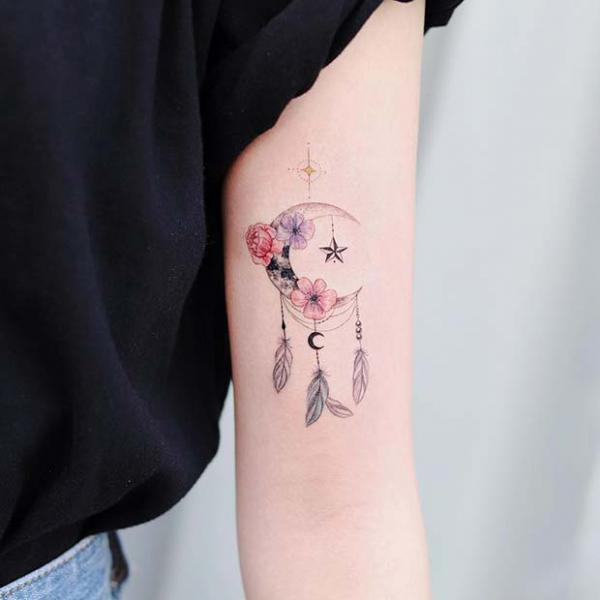 Moon and star dream catcher tattoo